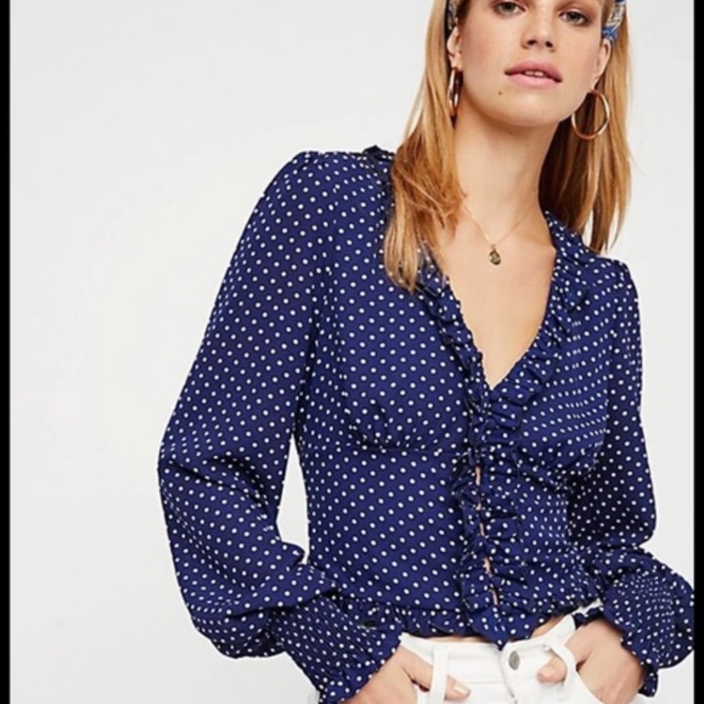 Free People Polka Dot Navy Blouse Size M